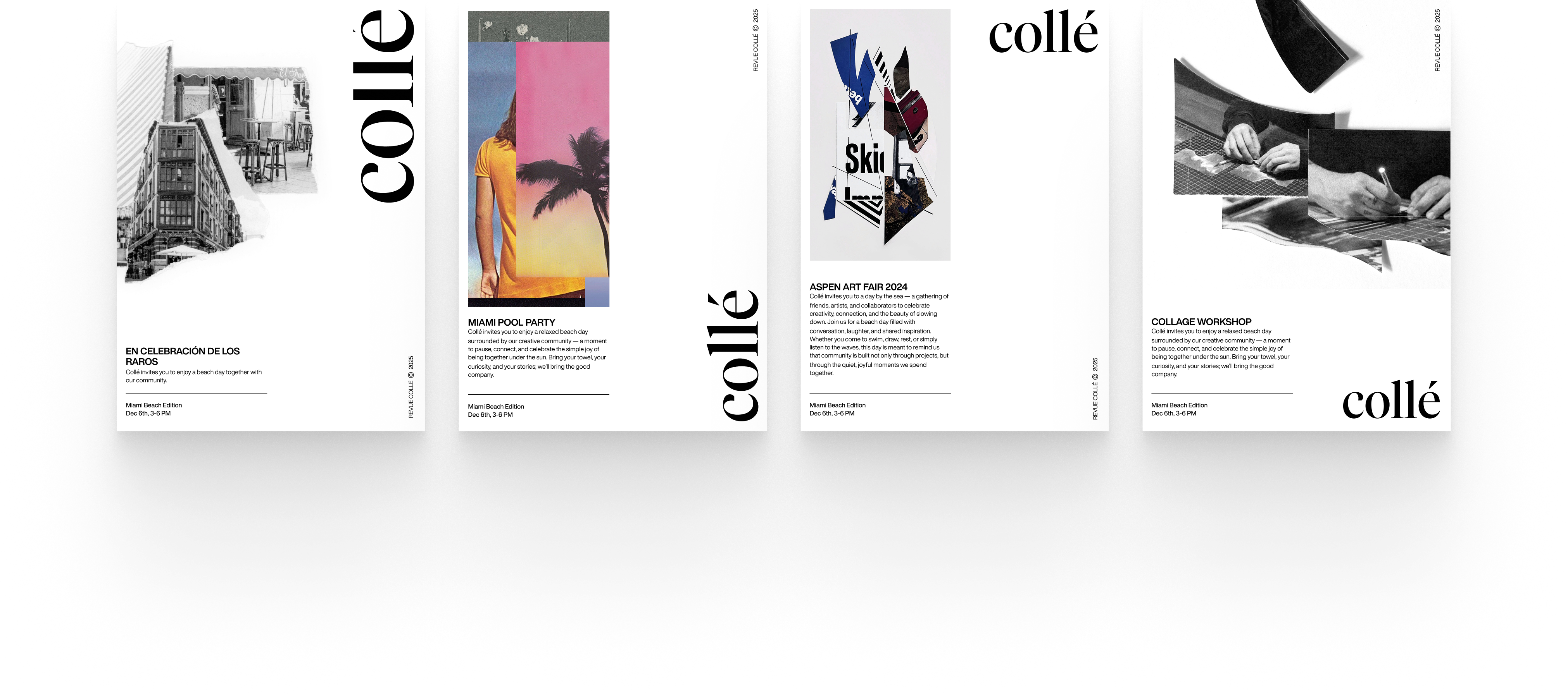 Four event invitations recombining Collé's shared identity elements