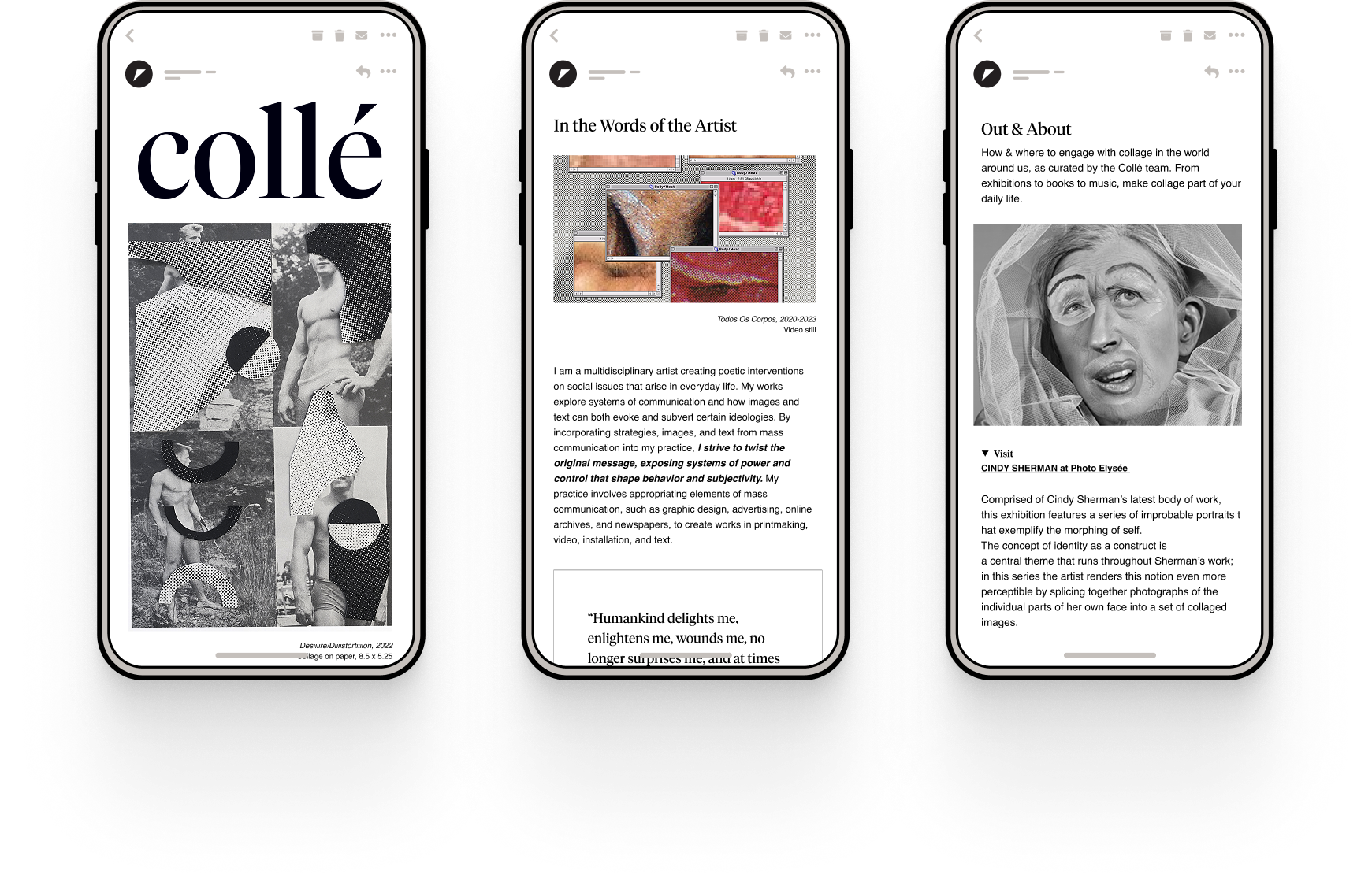 Collé newsletter shown across three mobile screens
