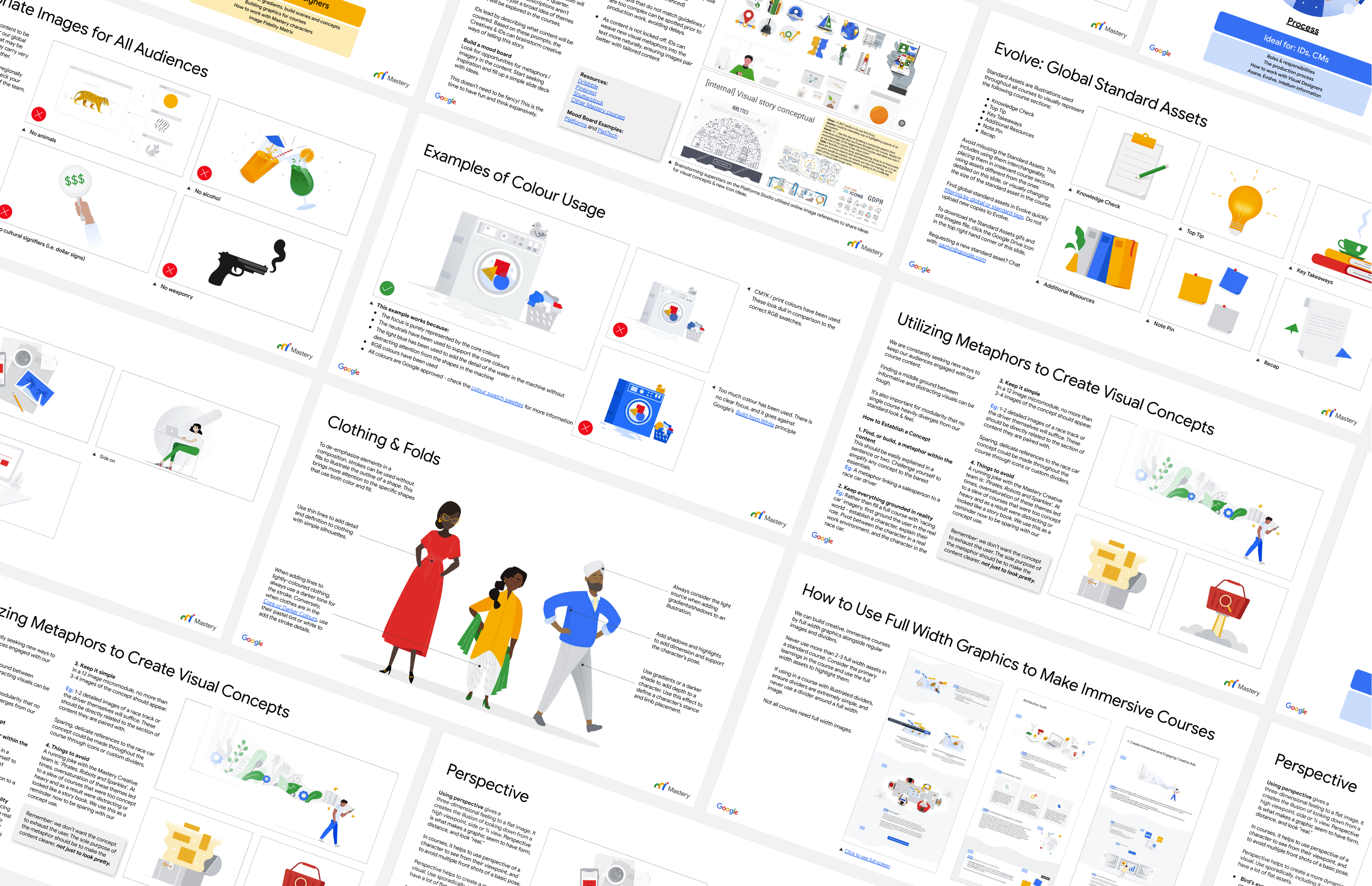 Google Mastery brand guideline pages — illustration style, color usage, and metaphor examples