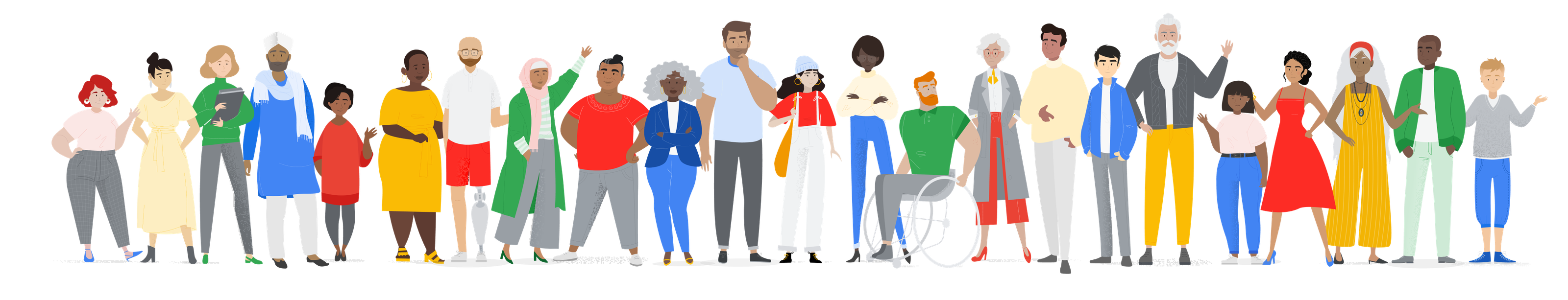 Diverse character lineup illustrated for the Google Mastery brand