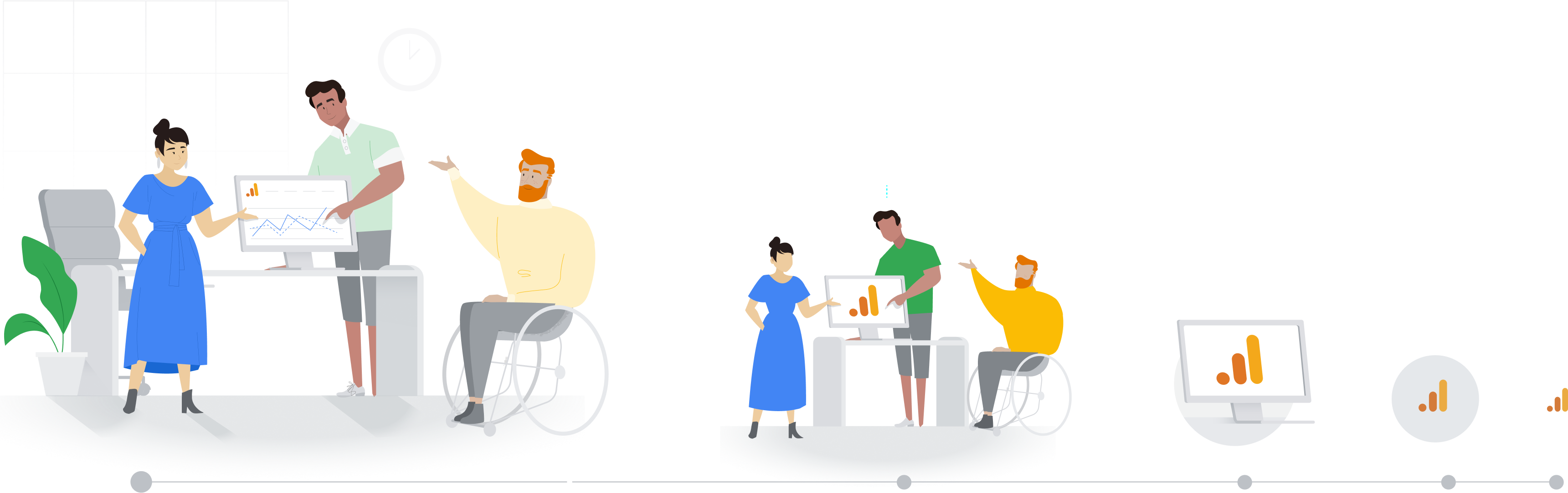 Illustrations of colleagues reviewing analytics dashboards, shown at different scales