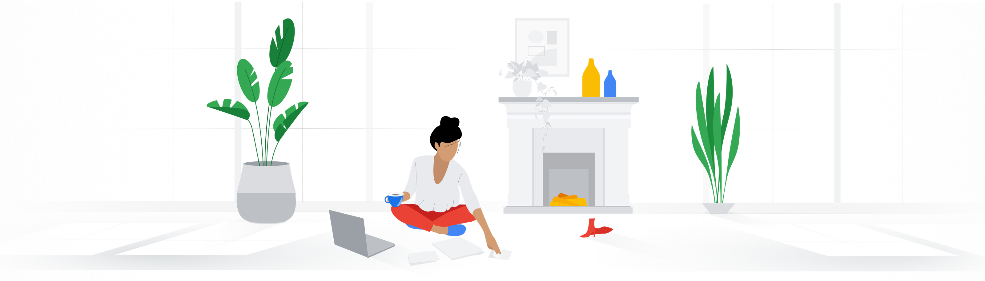 Google Mastery Team illustration — figure walking beside a wave of foliage
