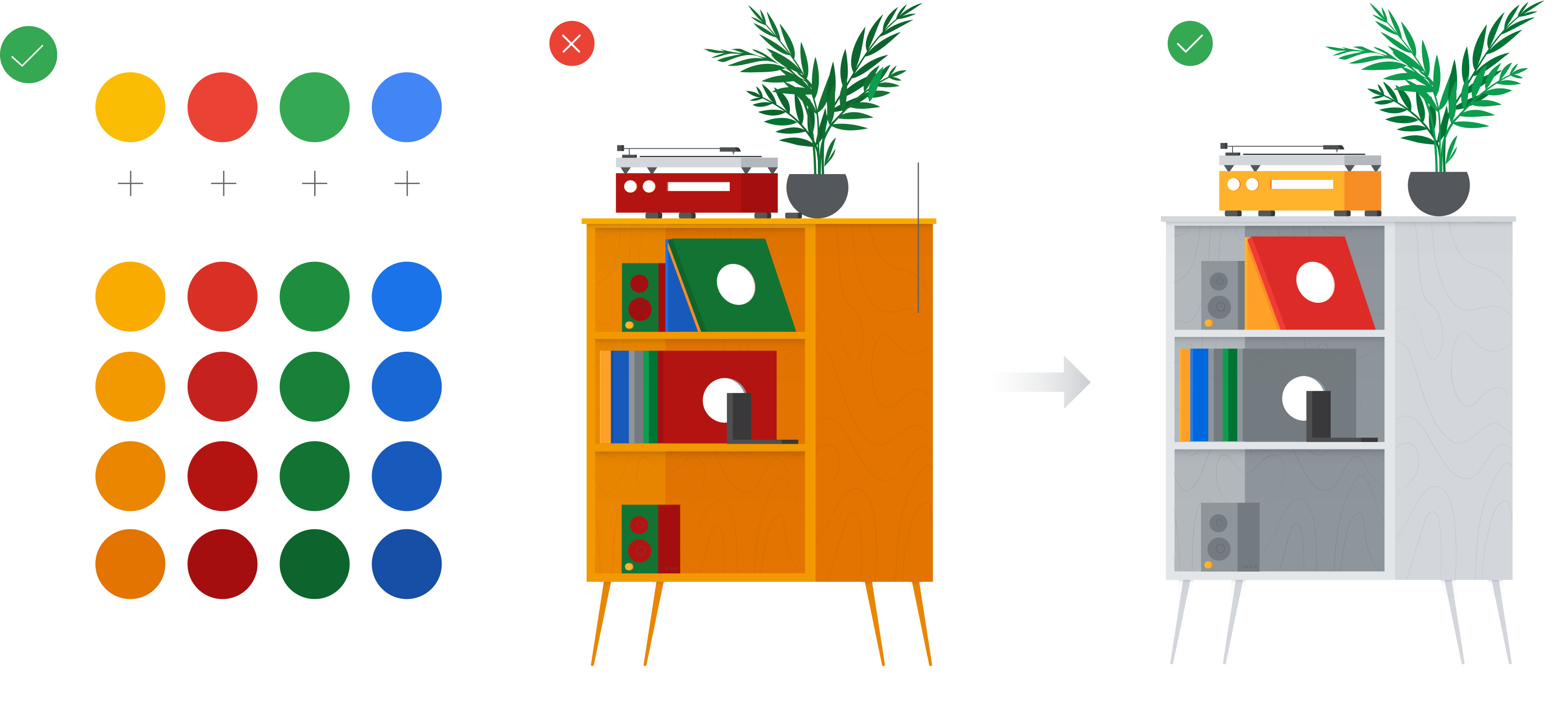 Using color to create focus, shown through a bookshelf and audio equipment illustration with a colorful highlighted section