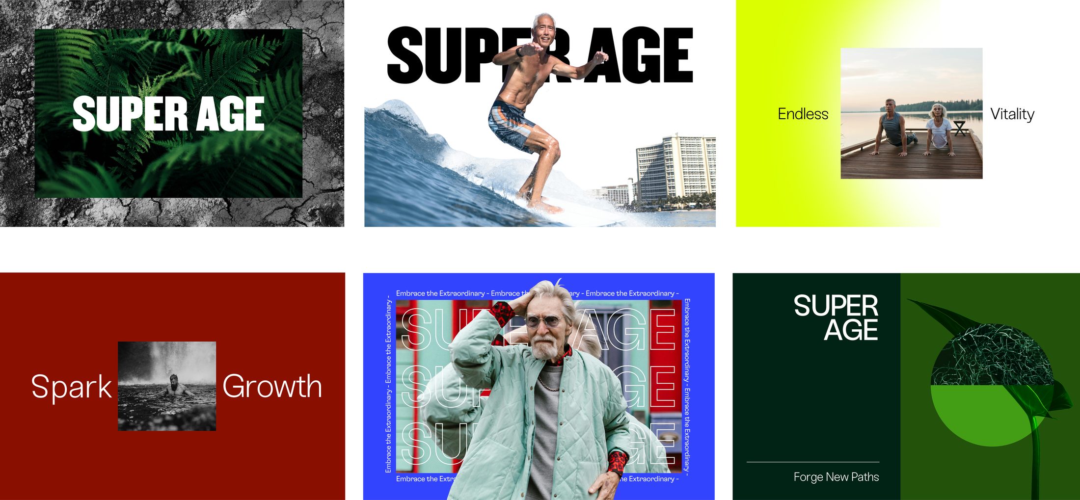 Initial mockup concepts for the Super Age brand