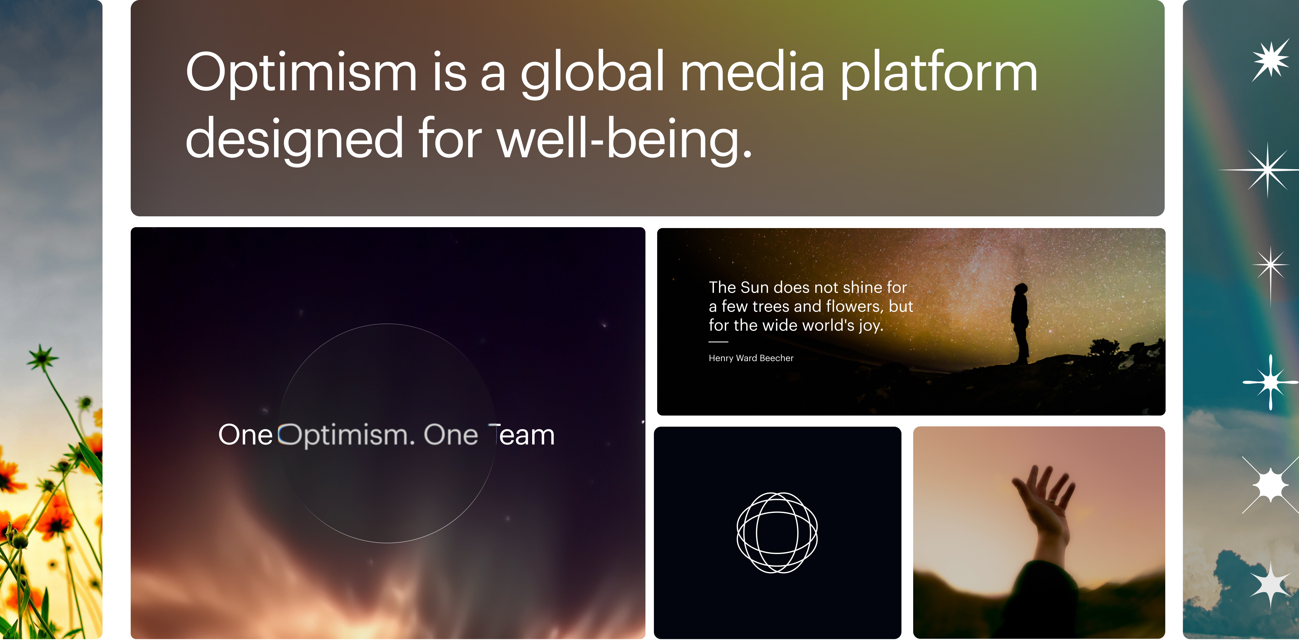 Optimism brand world combining people, nature, light, and expansive imagery