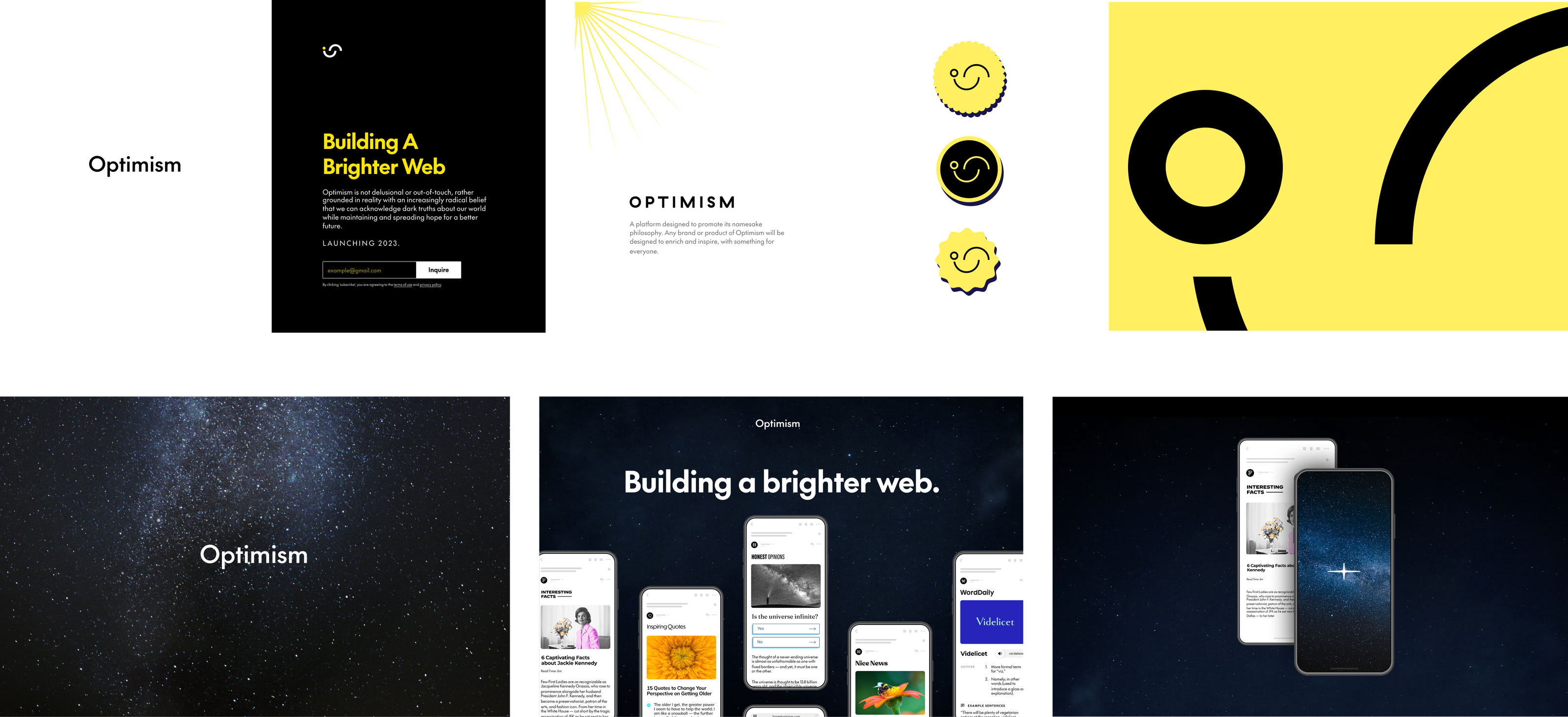 Initial Optimism brand concepts — early wordmark, logomark, and landing page explorations