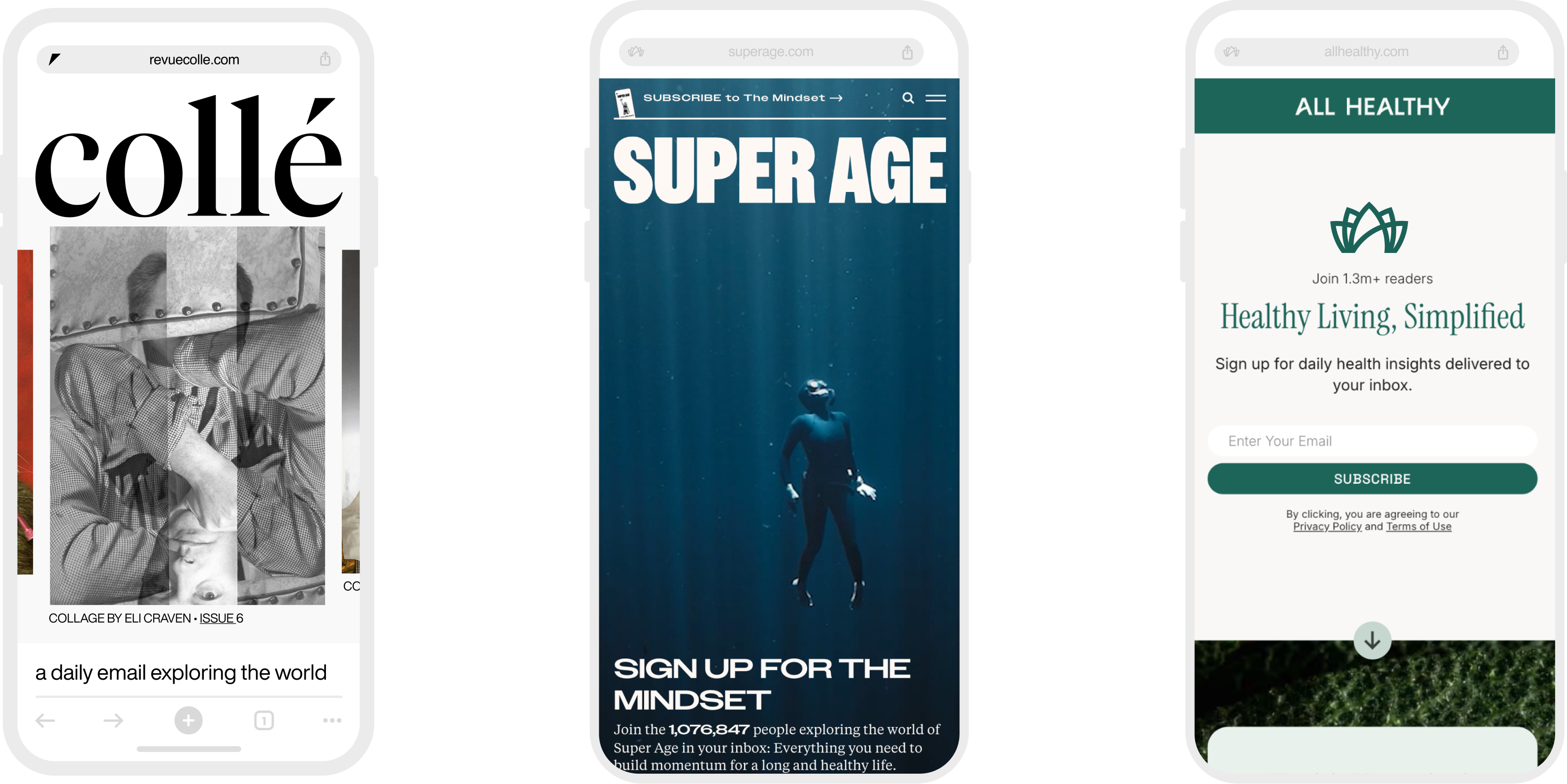 Newsletter subscribe patterns across Collé, Super Age, and All Healthy