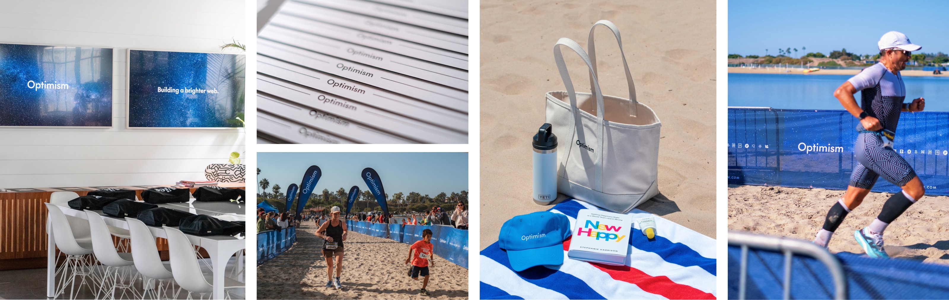 Optimism brand in the real world — office signage, printed cards, race day activation, merchandise, and triathlon event