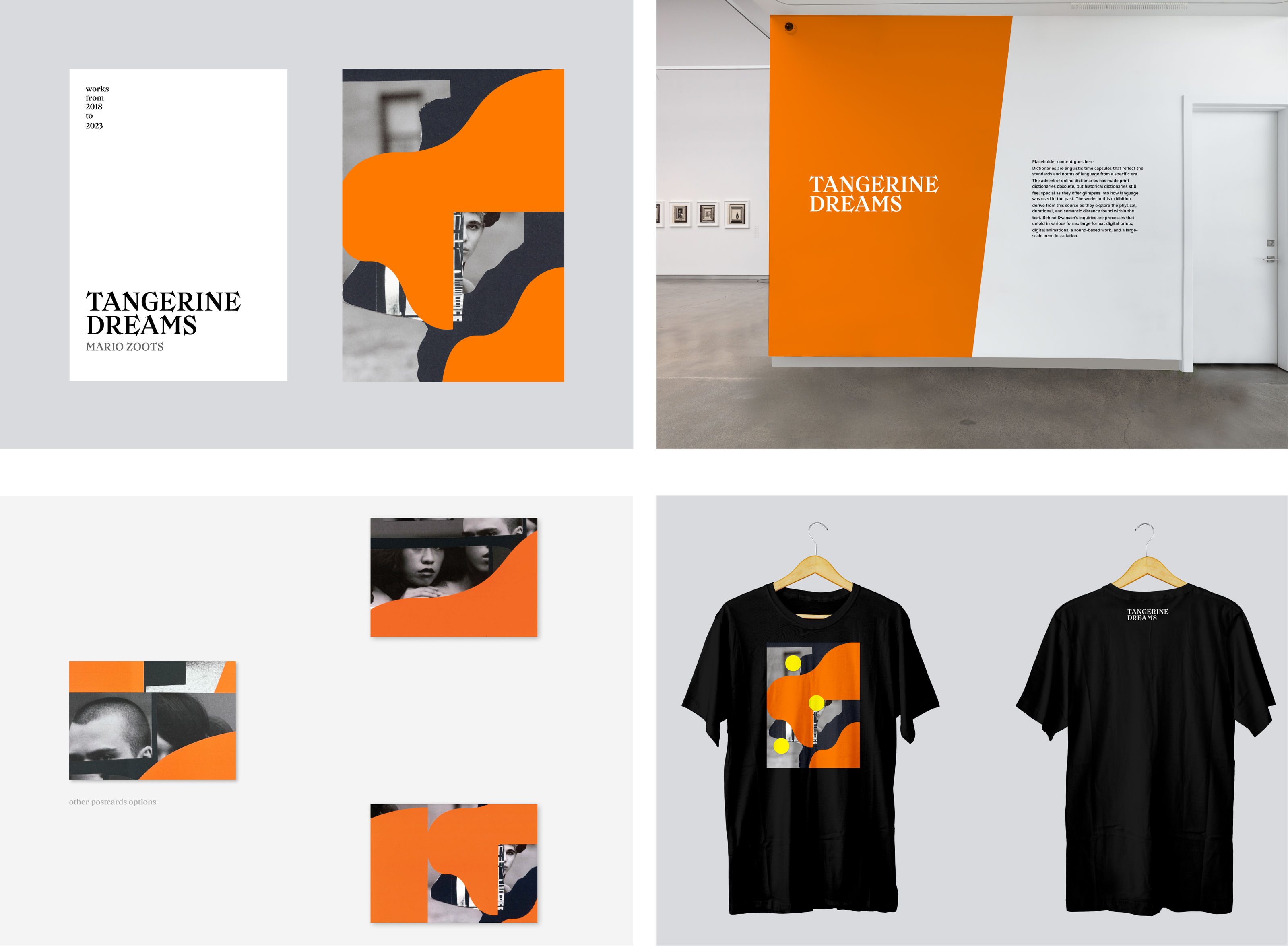 Tangerine Dreams applications — event signage, postcards, and merchandise